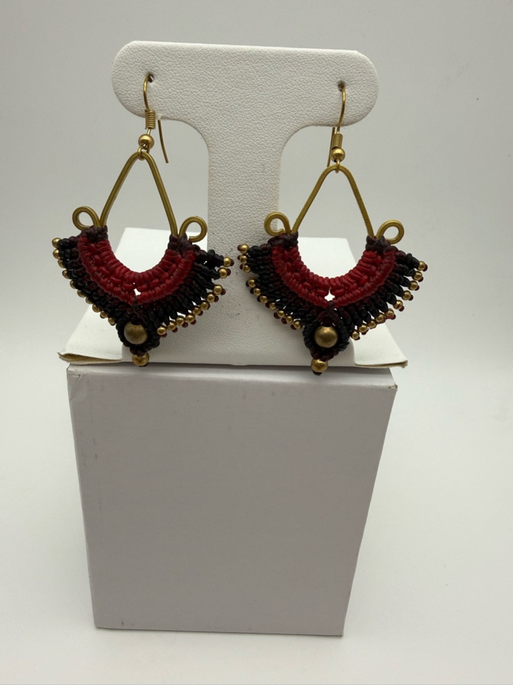 Handcrafted in Thailand Red and Black Macramé Fan Drop Earrings